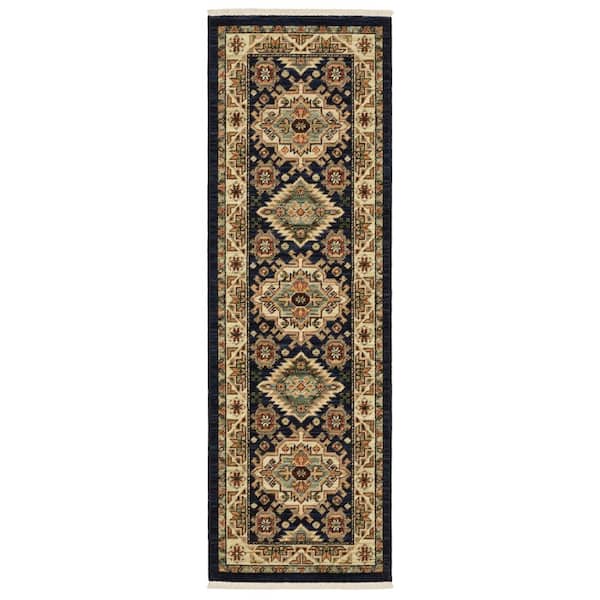 Lillian Navy/Multi 2 ft. x 6 ft. Southwest Tribal Medallion Wool/Nylon Blend Fringed-Edge Indoor Runner Area Rug