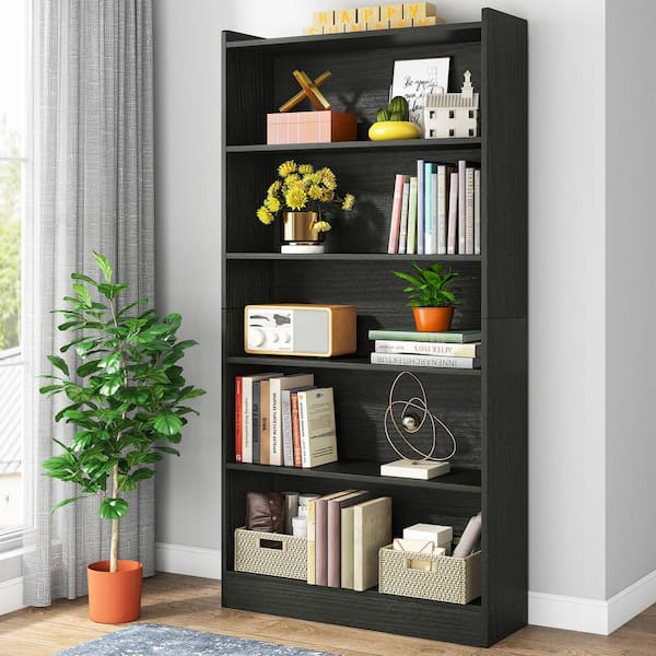 BYBLIGHT Eulas 72 in. Tall Black Wood 6-Shelf Standard Bookcase, 6-Tiers of Display Shelves for Living Room