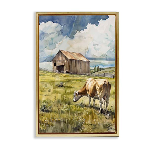 Stupell Industries Cow in Vast Field by Franklyn Gregory Gold Floater Frame Nature Graphic Art Print 25 in. x 17 in.
