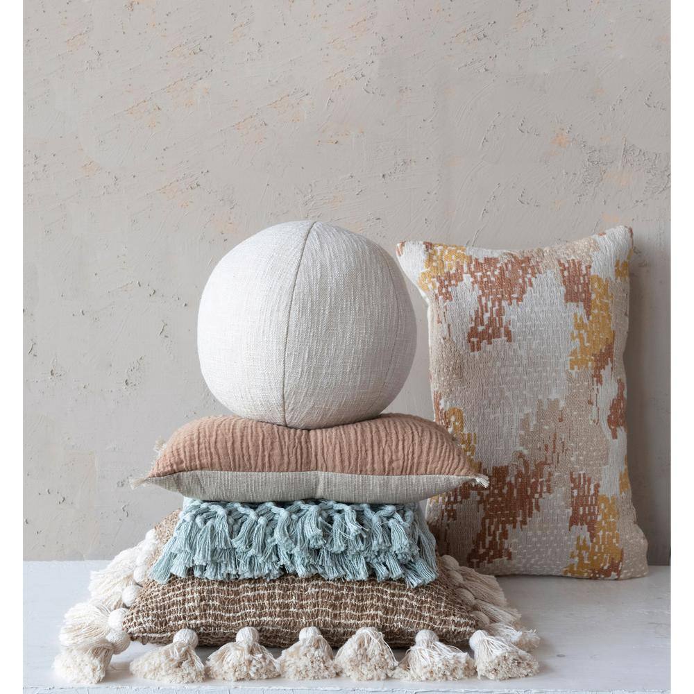 Woven Cotton Blend Jacquard Lumbar Pillow in Beige and White
