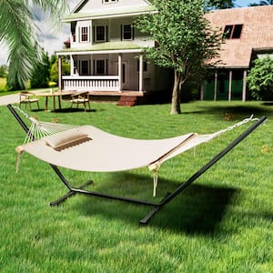12 ft. Quilted 2-Person Hammock Bed with Stand and Detachable Pillow, Beige