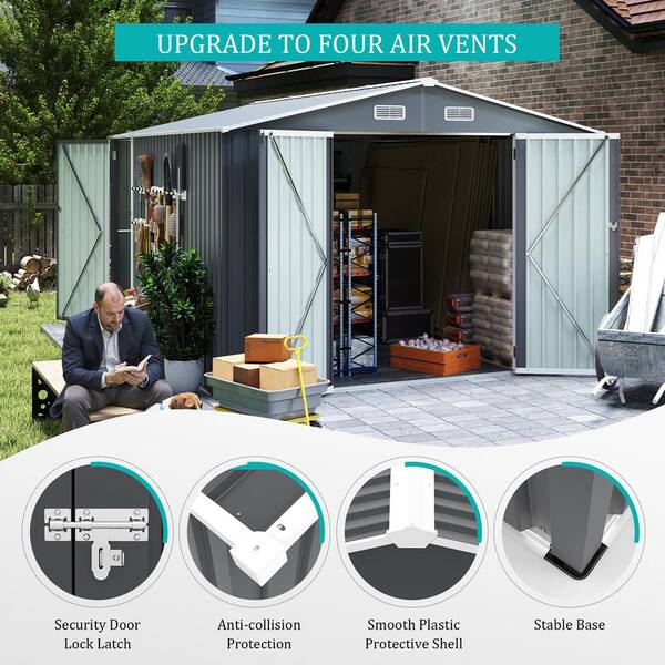 Outdoor Metal Storage Shed 9x11 FT-3 Lockable Doors, Utility Tool