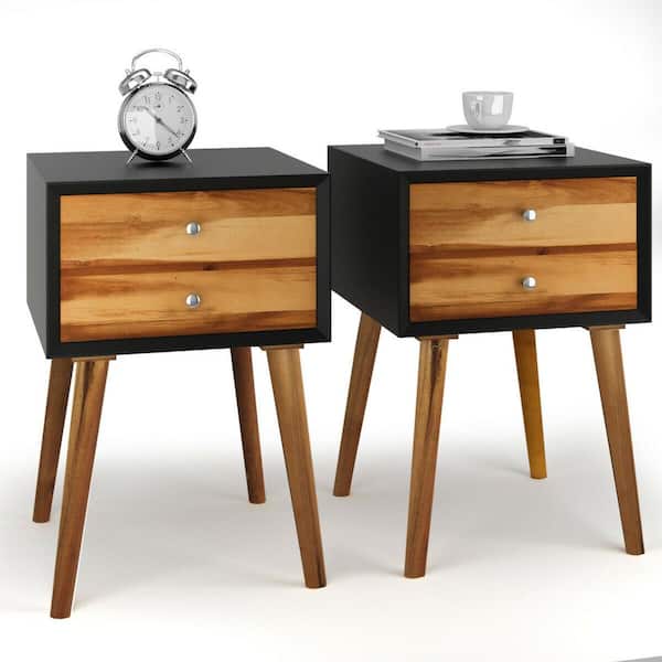 Gymax 23.5 in. H x 16 in. D x 16 in. W 2PCS Wooden Nightstand Mid-Century End Side Table Living Room W/2 Storage Drawer Black