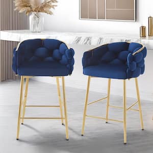 Nivora 28 in. Modern Upholstered Flannelette Counter Stools, Metal Frame, Dark Blue + Gold, Set of 2