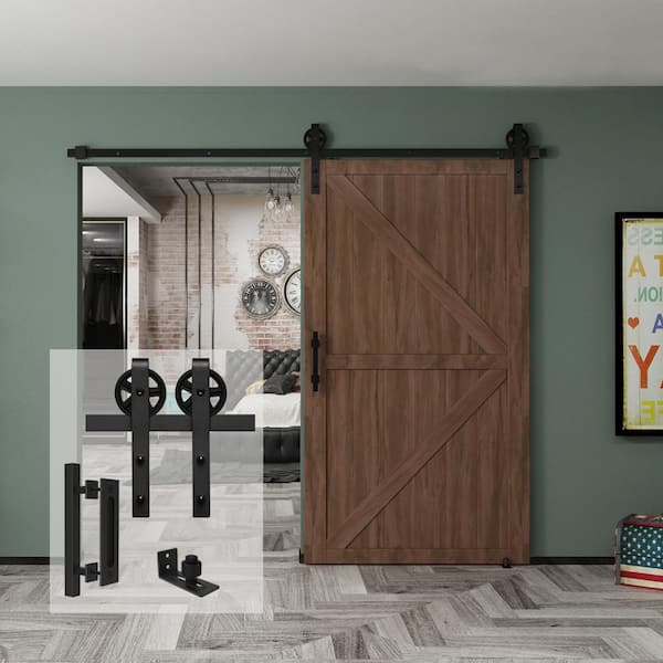 8 ft./96 in. Black Steel Bent Strap Sliding Barn Door Track and Hardware Kit with 12 in. Square Handle and Floor Guide 8 ft./96 in. Black Steel Bent Strap Sliding Barn Door Track and Hardware Kit with 12 in. Square Handle and Floor Guide