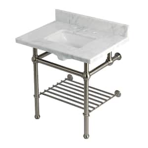 Templeton 30 in. Marble Console Sink with Brass Legs in Carrara Marble Brushed Nickel