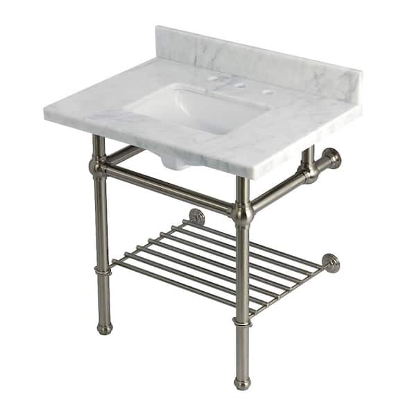 Kingston Brass Templeton 30 in. Marble Console Sink with Brass Legs in Carrara Marble Brushed Nickel