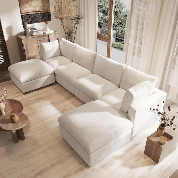 134 in. 6-Piece Beige Chenille Modular Sectional Sofa with Ottoman, Square Arm, Removable Washable Covers