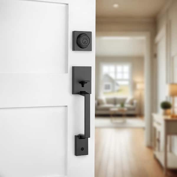 Amador Matte Black Single Cylinder Entry Door Handleset with Hollis Lever Ft SmartKey Security