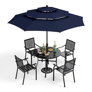 6-Piece Metal Patio Outdoor Dining Sets with Navy Umbrella
