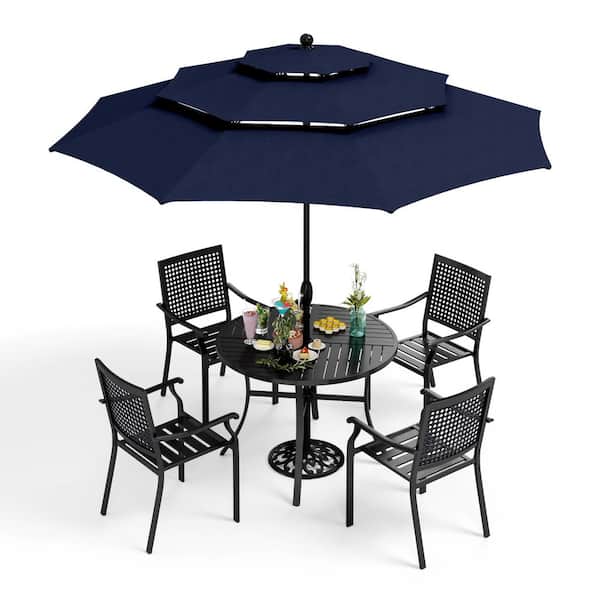 PHI VILLA 6-Piece Metal Patio Outdoor Dining Sets with Navy Umbrella