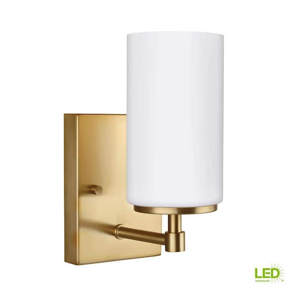 Generation Lighting - Alturas 4.375 in. Satin Brass Modern Contemporary Wall Sconce Vanity Light with Satin Etched Glass Shade and LED Bulb