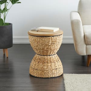 19 in. Brown Handmade Rattan Woven Stool with Wood Tabletop and Black Metal Frame