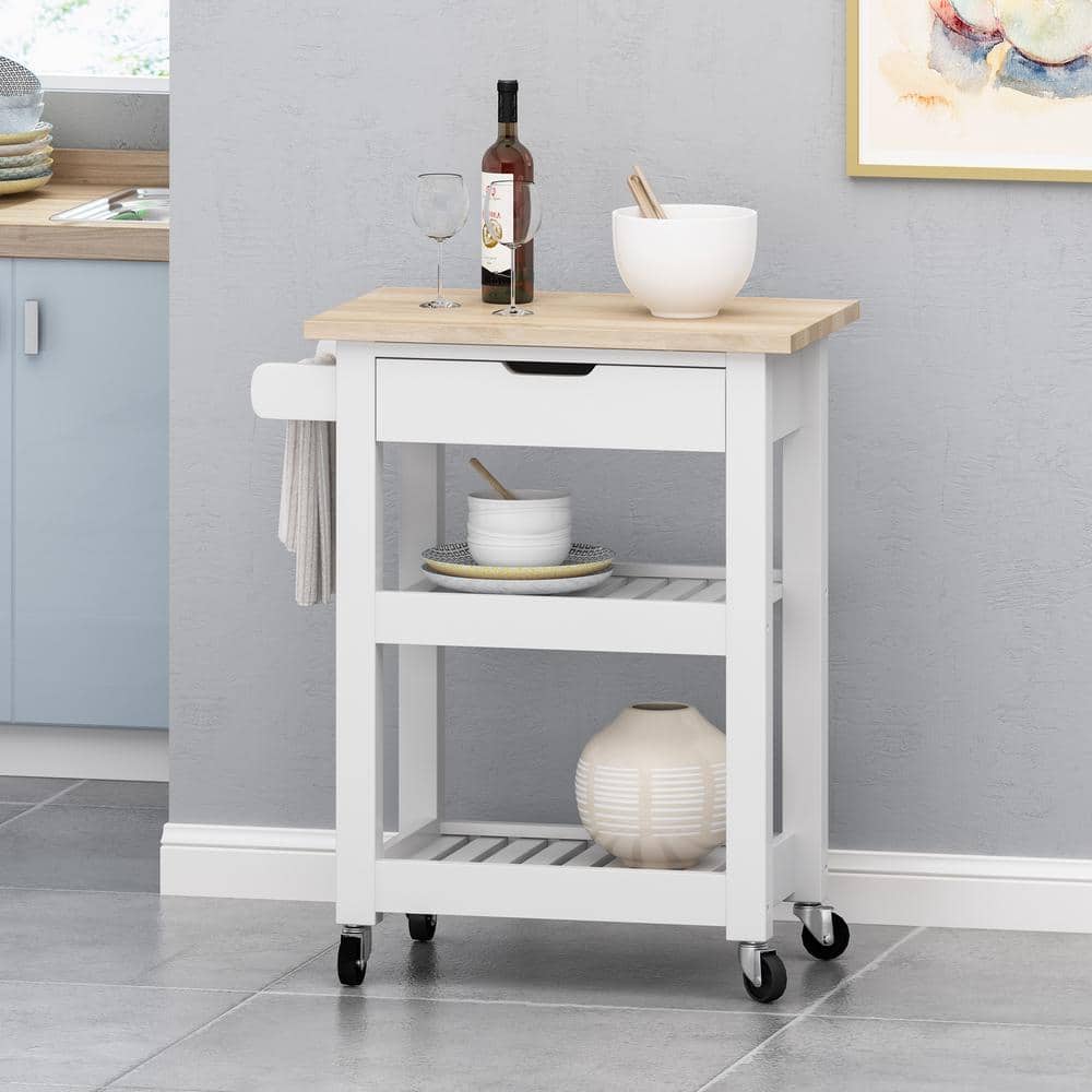 White Wood Rectangular Kitchen Cart with Storage