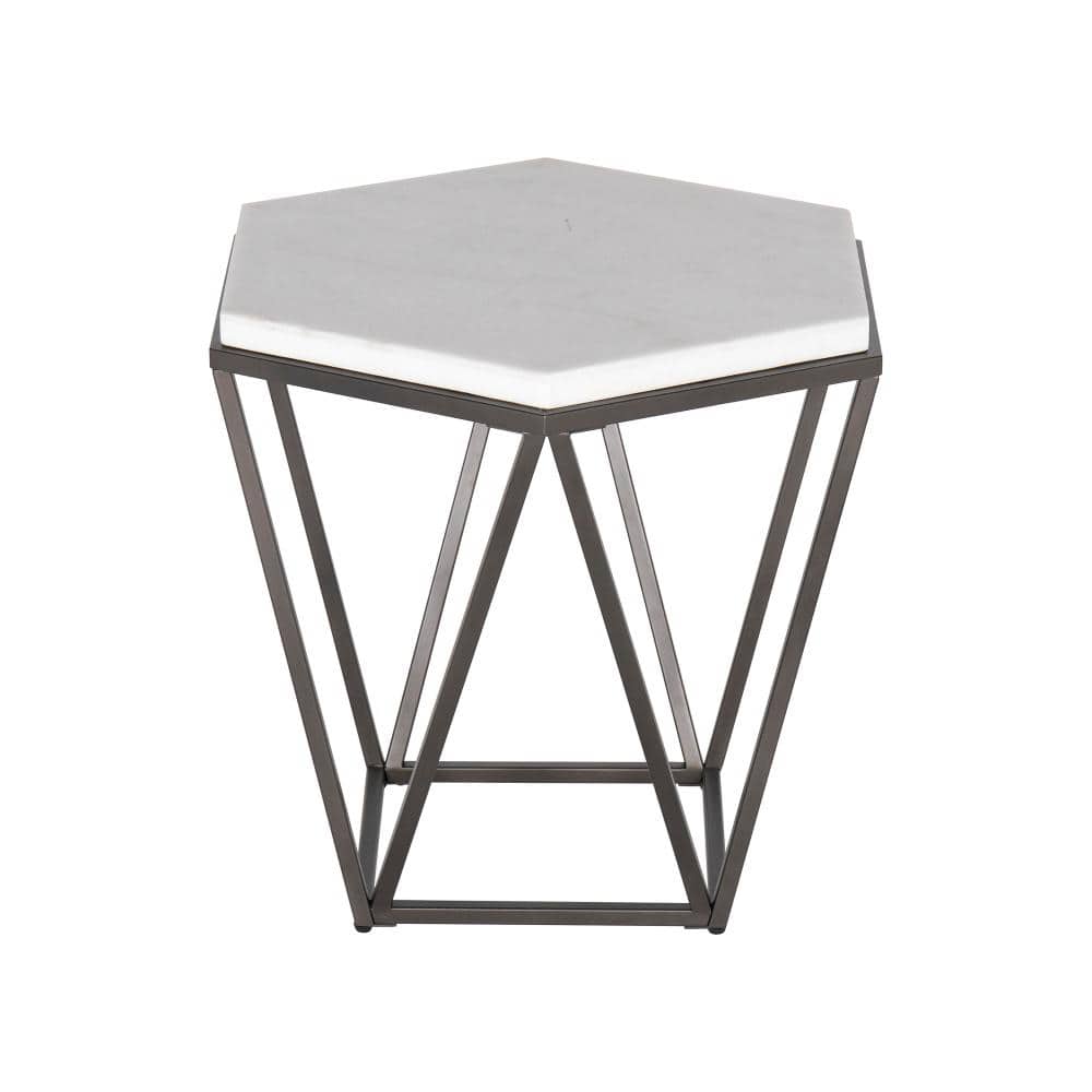 Transitional Hexagonal White Marble & Coffee Metal End Table
