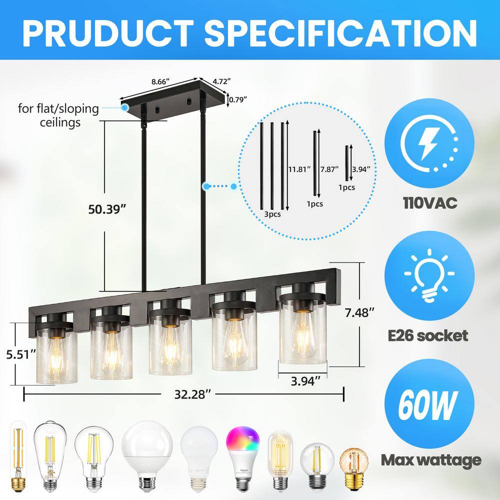 Black and Wood 5-Light Linear Island Chandelier