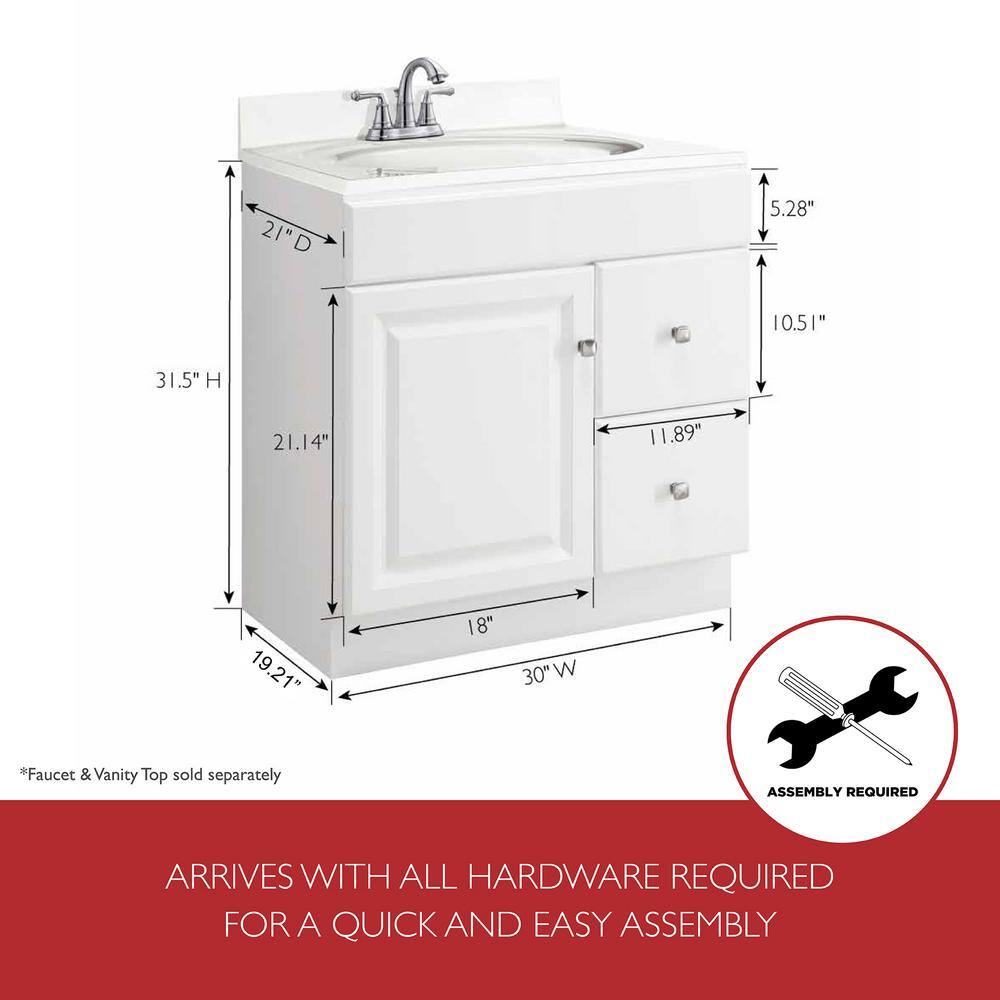 Wyndham 30-Inch White Wood Bathroom Vanity with Drawers
