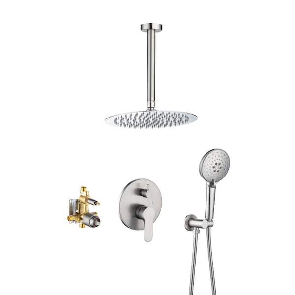 Lukvuzo 3-Spray 12 in. Round Ceiling Shower Head Wall Mount Fixed and Handheld Shower Head Flow Rate 1.46 GPM in Brushed Nickel