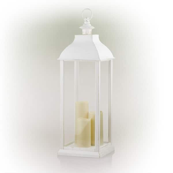 28 Candlelit Lantern with LED Lights White - Alpine Corporation