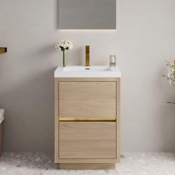 24 in. Single Sink Freestanding Oak Bath Vanity with White Resin Top (Assembled), Soft Close Drawers
