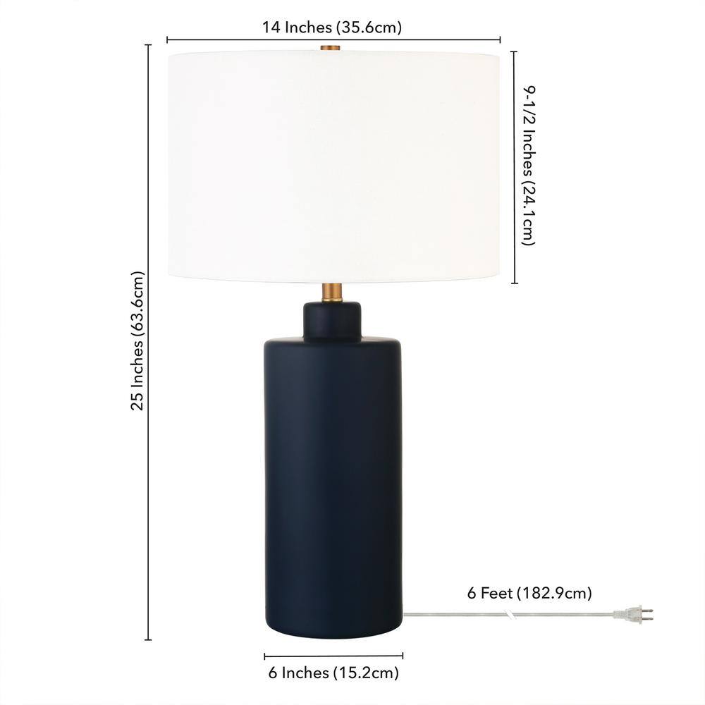 Navy Ceramic Cylinder Nightstand Lamp with White Linen Shade