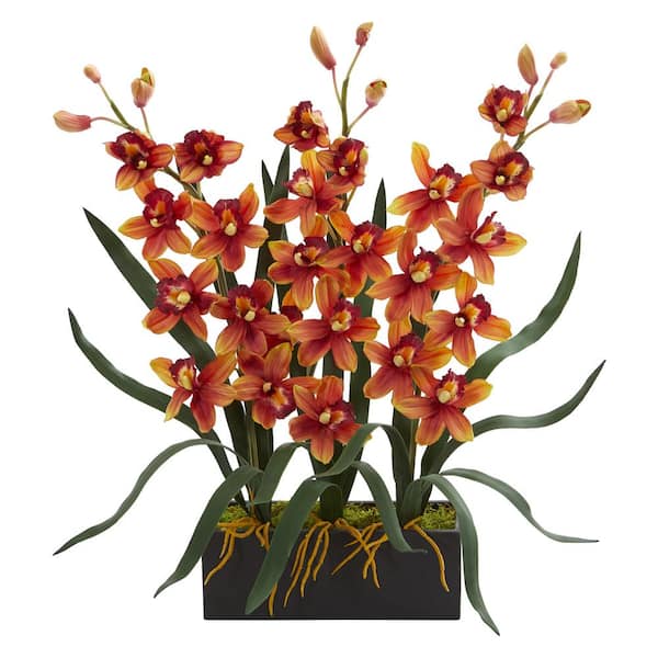 Nearly Natural Indoor Cymbidium Orchid Artificial Arrangement in Black Vase
