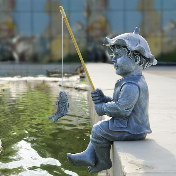 Pond Fishing Statue Resin Fisherman Boy with Removable Fishing Rod Figurine  Sculpture Real Gravel Hand-Cast for Lawn Decoration