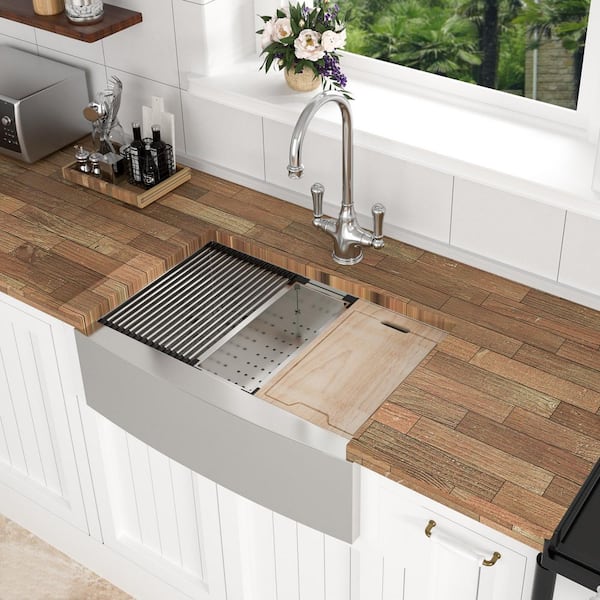 Dueyeeri - 36 in. Farmhouse Single Bowl 16-Gauge Brushed Nickel Stainless Steel Kitchen Sink with Workstation