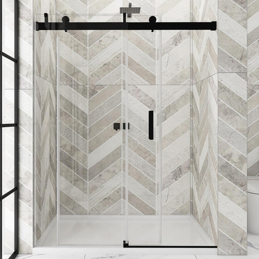72'' Matte Black Frameless Sliding Shower Door with Clear Glass