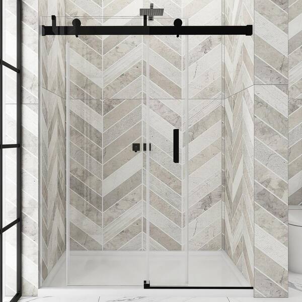 Staykiwi 60 in. W x 76 in. H Double Sliding Frameless Shower Door in Matte Black Finish with Buffer