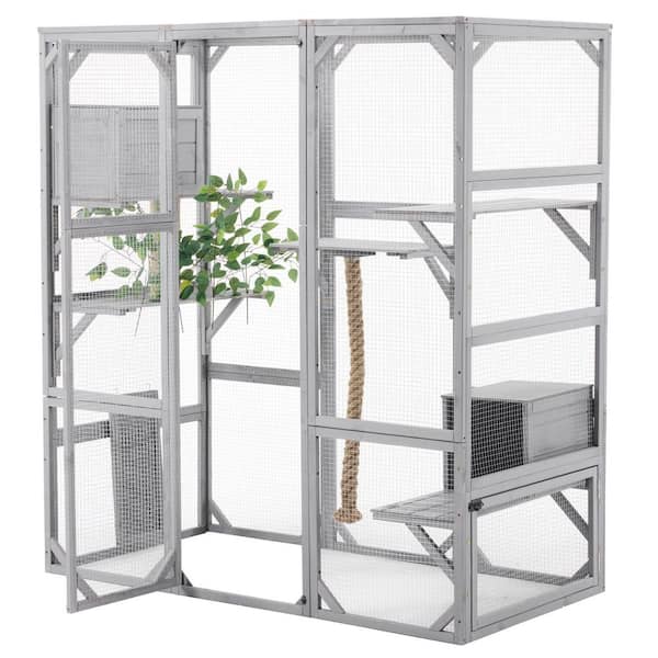 Balcony 62.8 in. W x 32.2 in. D x 68.5 in. H Light Gray Wood Outdoor Storage Cabinet Cat House with Platforms