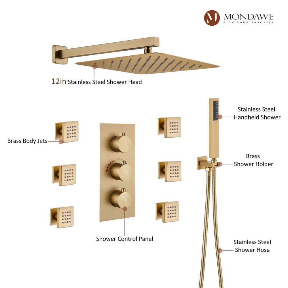 Brushed Gold Dual Square Wall Mounted Shower System with Body Jets