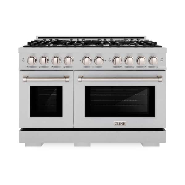 48 in. 6.7 cu. ft. Select Double Oven Gas Range with 8 Burner Cooktop in Satin Stainless Steel