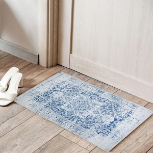 Himalayas Navy Creme 2 ft. x 3 ft. Machine Washable Modern Floral Abstract Polyester Non-Slip Backing Area Rug