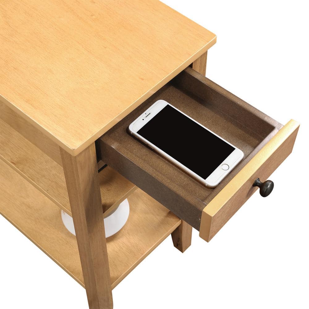 Natural Rubberwood End Table with Charging Station and Shelves