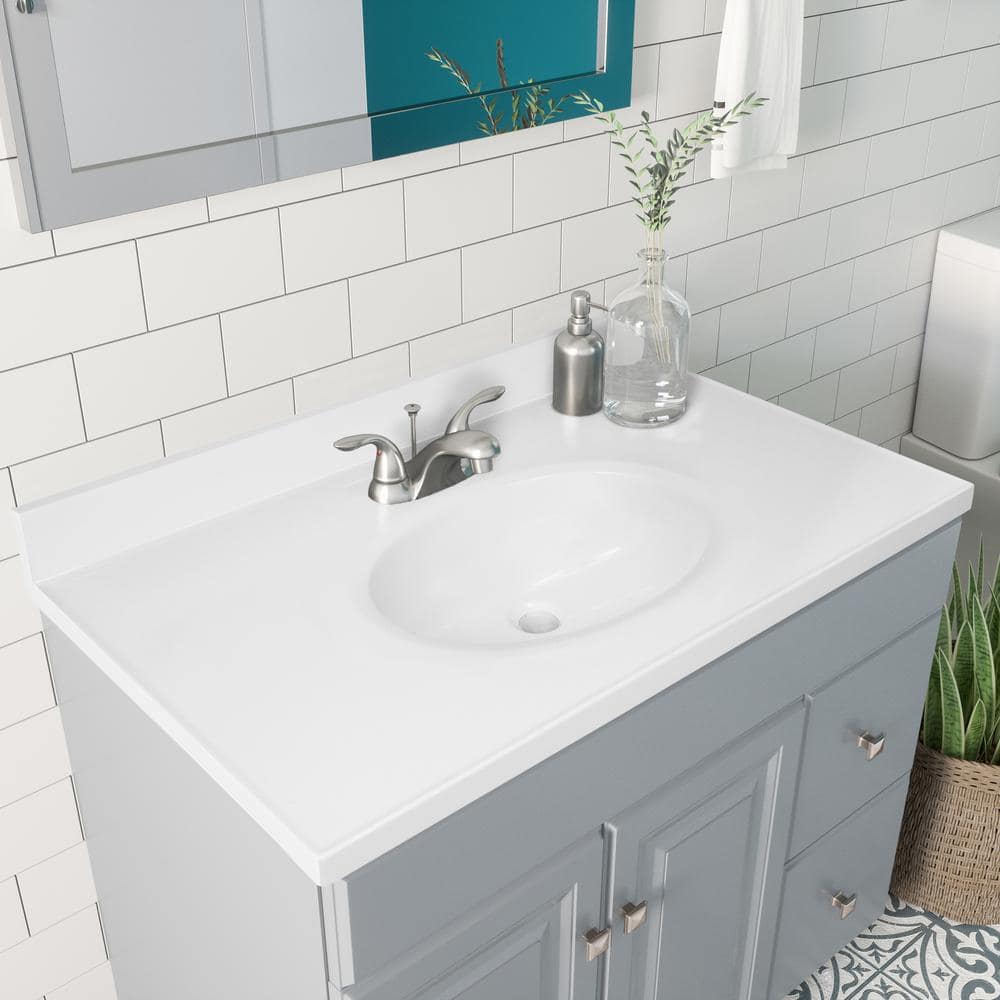 Solid White Cultured Marble Vanity Top with Backsplash, 37x19