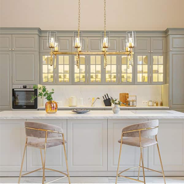 8-Light Vintage Goldleaf Linear Chandelier for Kitchen Island with Clear Glass Shades