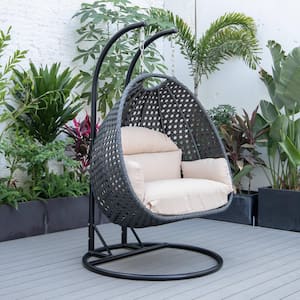 Mendoza 53 in. 2 Person Charcoal Wicker Patio Swing Chair with Stand and Beige Cushions