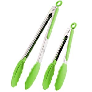 2-Pack (9 in. and 12 in.) Tongs For Cooking with Silicone Tips - Silver - Light Green
