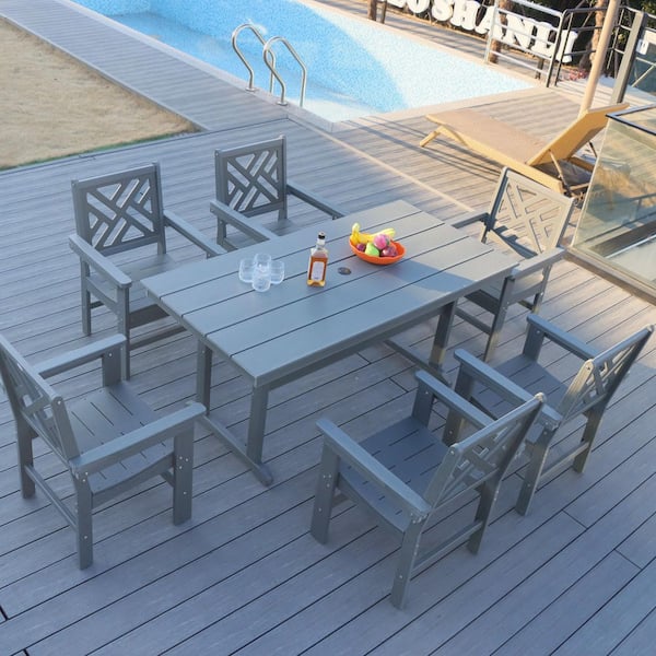 7-Piece Gray HDPE Plastic Outdoor Dining Set with Umbrella Hole for Garden, Backyard, Lawn, and Poolside