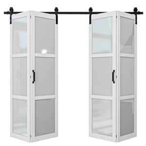 80 in. x 84 in. 3-Lite Tempered Frosted Glass White Finished Composite MDF Bi-Fold Sliding Barn Door with Hardware Kit