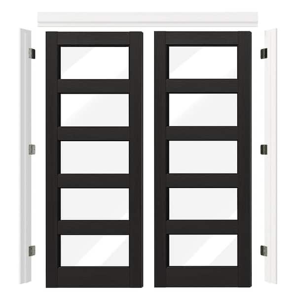 60 in. x 80 in. 5-Lite Clear Glass Black PVC Covering MDF. Wood Universal Pre-hung French Door with Quick Assemble Jamb