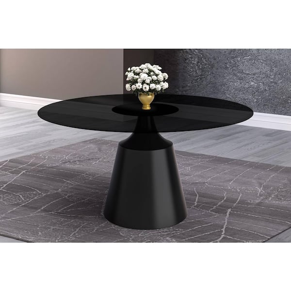 Leisuremod Prynn Mid-Century Modern 60 in. Round Dining Table with Glass Top and Black Pedestal Base (Black)