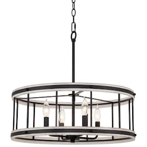 Brynn 60-Watt 4-Light Black Farmhouse Pendant Light with Black, White Ash Shade, No Bulb Included