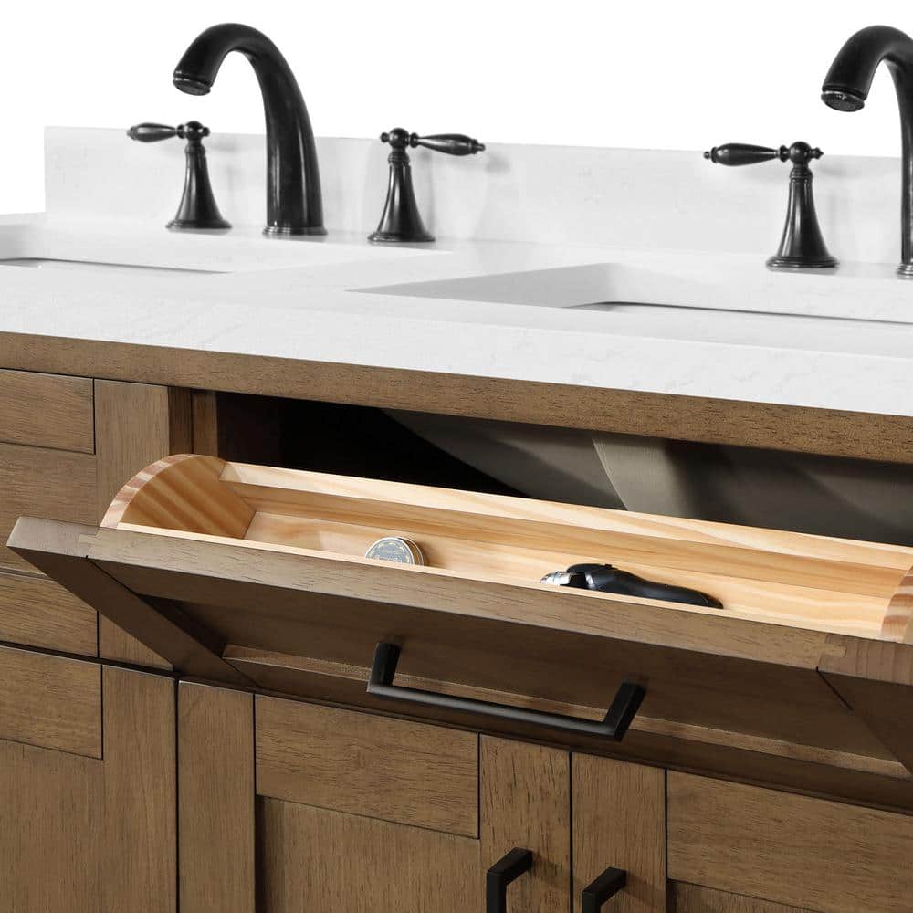 Almond Latte Brushed Double Sink Bathroom Vanity with Matte Black Hardware