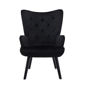 Black Velvet Wingback Accent Chair with Wooden Legs