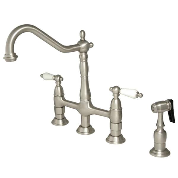 Kingston Brass Heritage 2-Handle Bridge Kitchen Faucet with Side Sprayer in Brushed Nickel