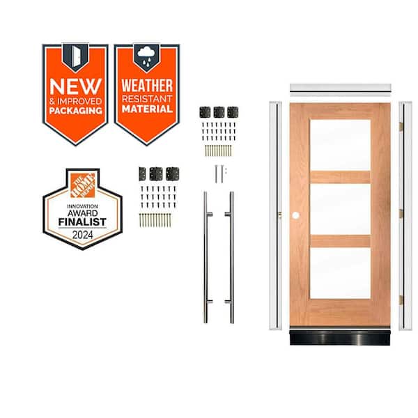 Faux Pivot 36 in. x 80 in. 3-Lite Right-Hand Clear Glass Teak Stain Fiberglass Front Door Kit w/ Quick Assemble Jamb