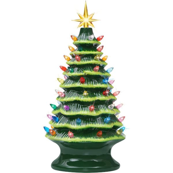 Pre-Lit Resin Hand-Painted Tabletop Artificial Christmas Tree with Multicolored LED Lights, Green