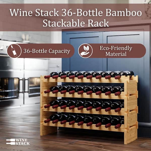 36-Bottle Light Wood 35.5 in.W Tabletop Bamboo Wine Rack Stackable Wine and Liquor Bottle Storage, No Tools Assembly